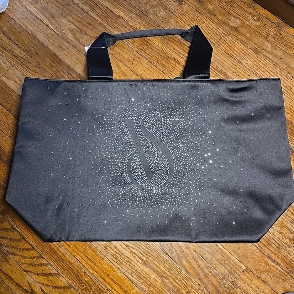 Black Tote Bag with Rhinestone Logo Victoria Secret & Plush Blanket Bow Tie